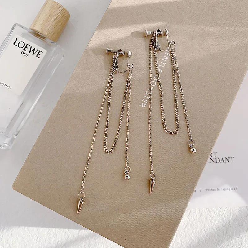 

Korean Earrings Metal Tassels Clip Earrings Long Tassel Chain Clip on Earrings Fake Piercing Earring for Women Party Jewelry