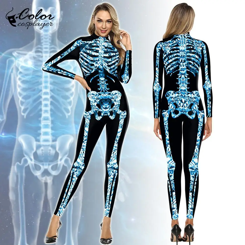 

Color Cosplayer Halloween Carnival Party Human Body Skeleton Cosplay Costume Zentai Catsuit 3D Digital Printing Women Jumpsuit