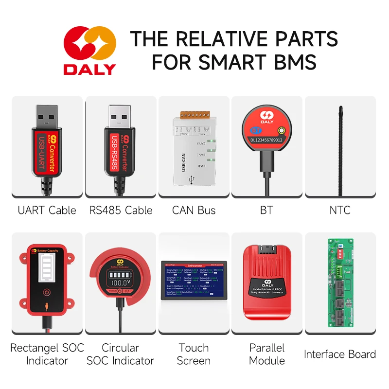 

Daly Smart BMS lifepo4 Li-ion Accessories 3s-24s 30A-500A 4s 8s 16s Touch Control Screen LCD Display And CAN BUS And Light Board