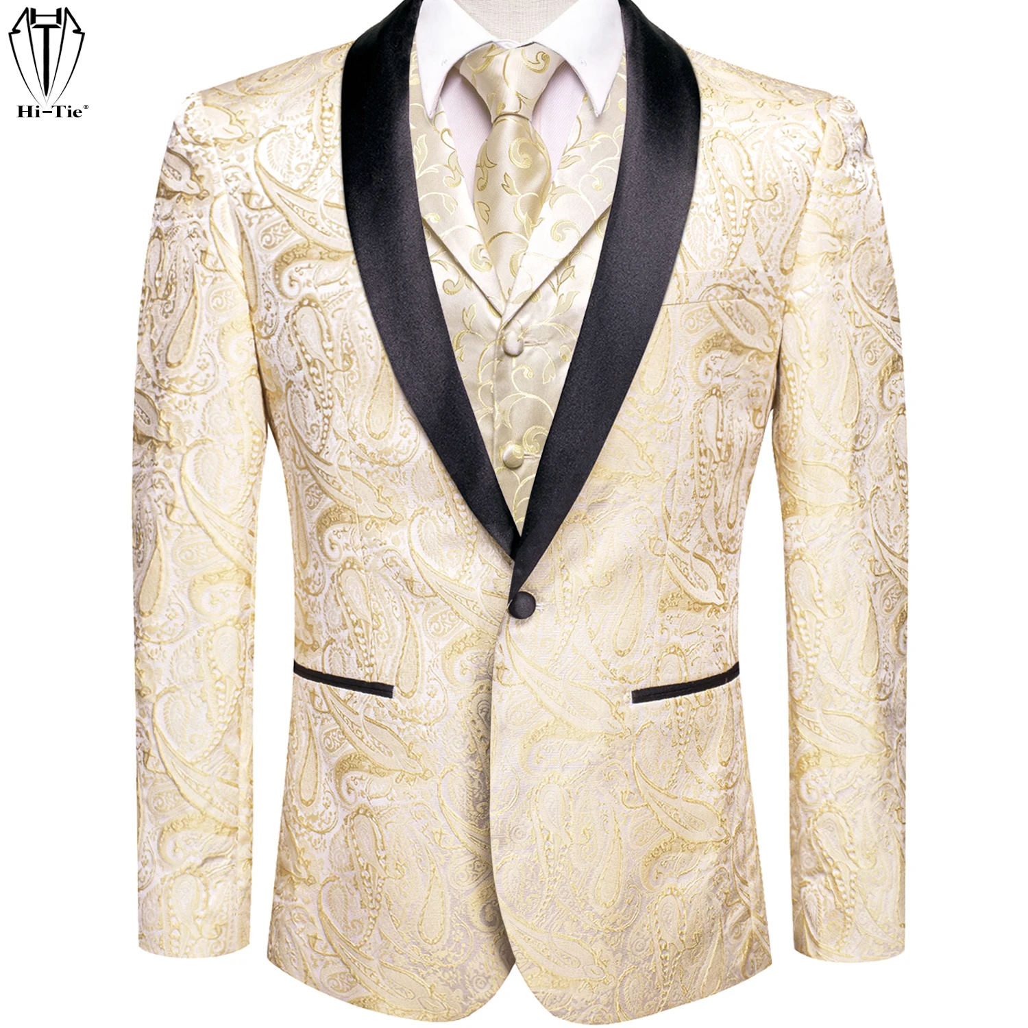 

Hi-Tie Beige Khaki Mens Suit Vest Shawl Lapel Tuxedo Blazers Jacket Half Flat Collar Vest Neck Tie Hanky Cufflinks Wedding Prom