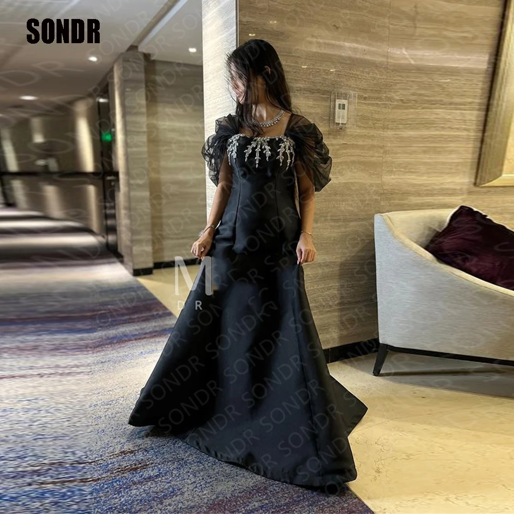 

SONDR Black A Line Long Satin Evening Dress Short Cape Sleeves Beads Dubai Formal Event Occasion Prom Gowns Dresses Vestidos