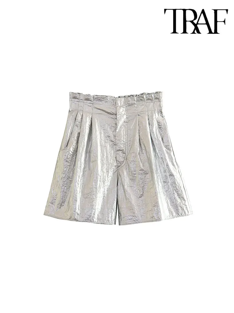 

TRAF Шорты женские серебристые с эластичным поясом, высокой талией и широкими штанинами