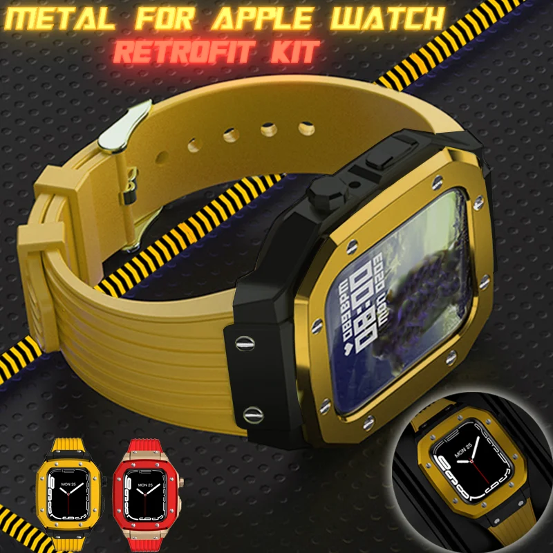 

Metal Modification Accessories for Apple Watch 7 6 5 4 SE 44mm Zinc Alloy Bezel Rubber Watch Band for IWatch 45mm Latest Design