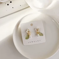 retro pearl drop acrylic crystal flower leaf earrings korean sweet forest girl earrings s925 silver needle