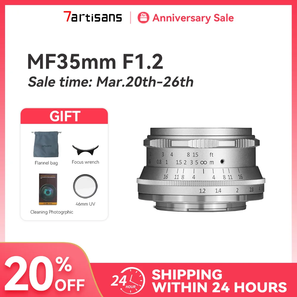 

7artisans 7 artisans Объектив для беззеркальной камеры 7artisans 7 artisans 35mm F1.2 MF Prime APS-C Lens For Canon EOS-M M50 Olympus/Panasonic Mico 4/3 Mirrorless Cameras Серебро