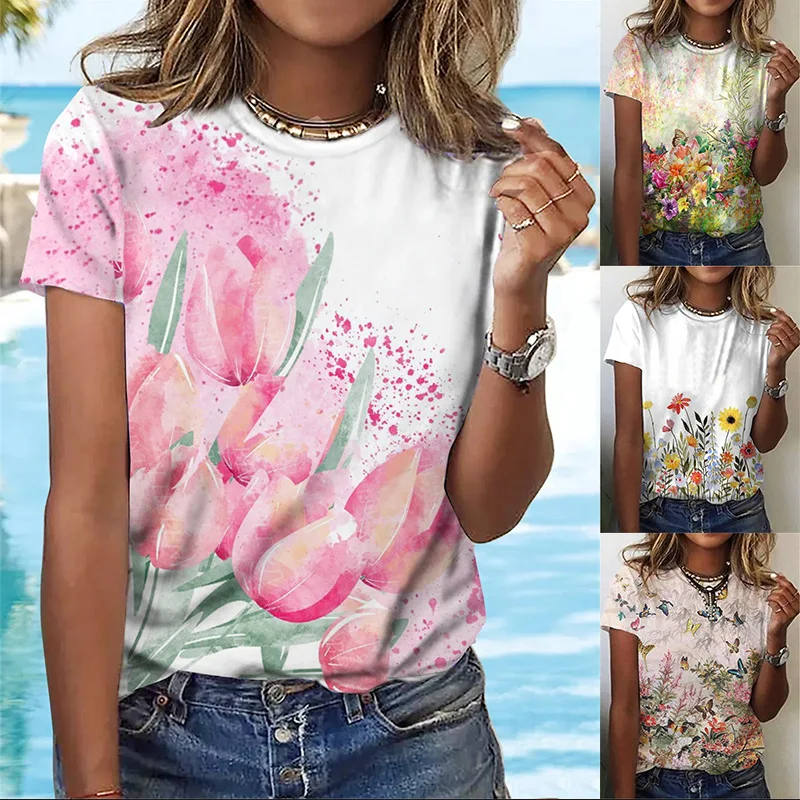 

Summer Huamang Printing Short Sleeve Round Neck Women's T-shirt Fashion Female & Lady Casual Tops