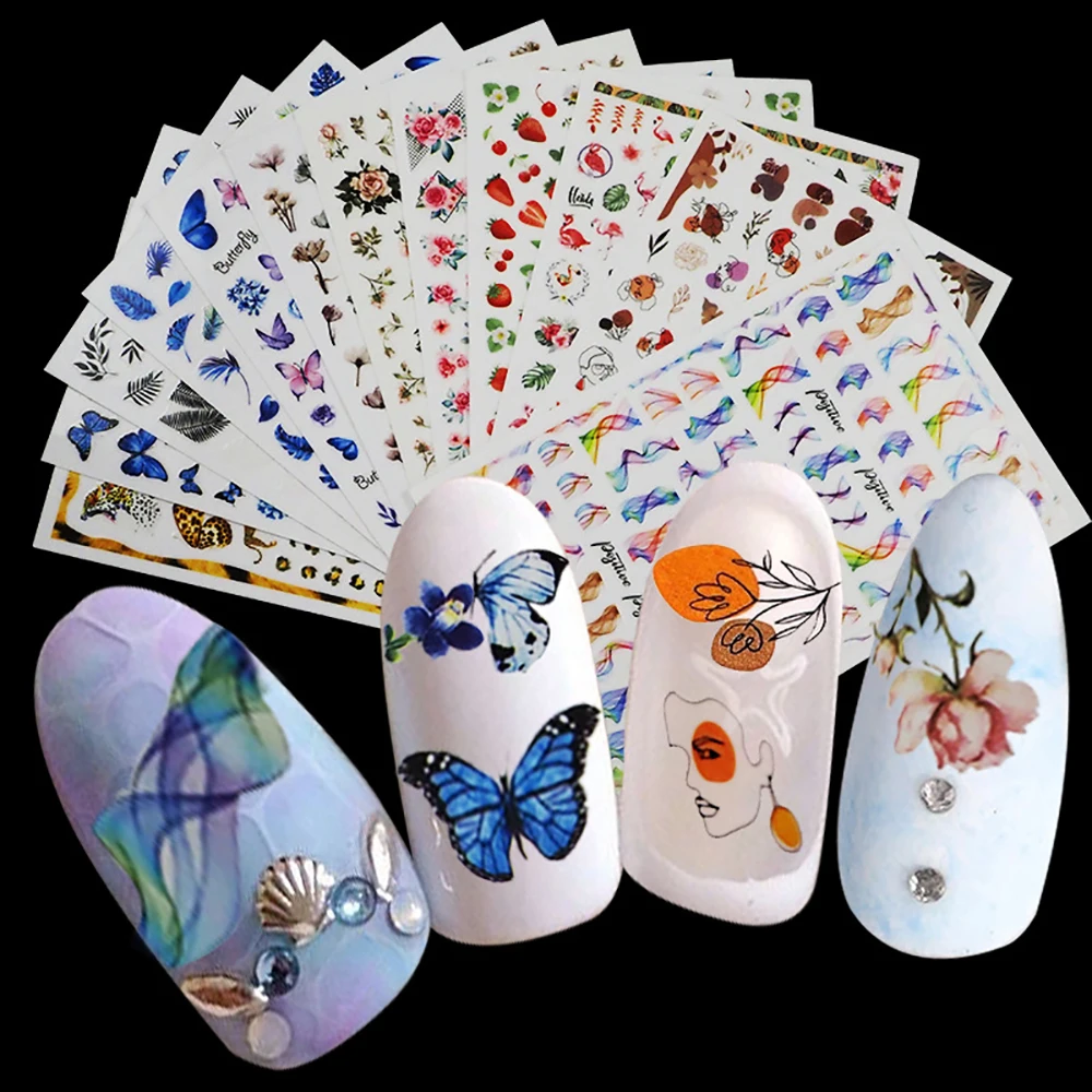 

Декоративные наклейки для ногтевого дизайна, наклейки с изображением фруктов, бабочек, цветных цветов, самоклеящиеся наклейки для ногтей, в...