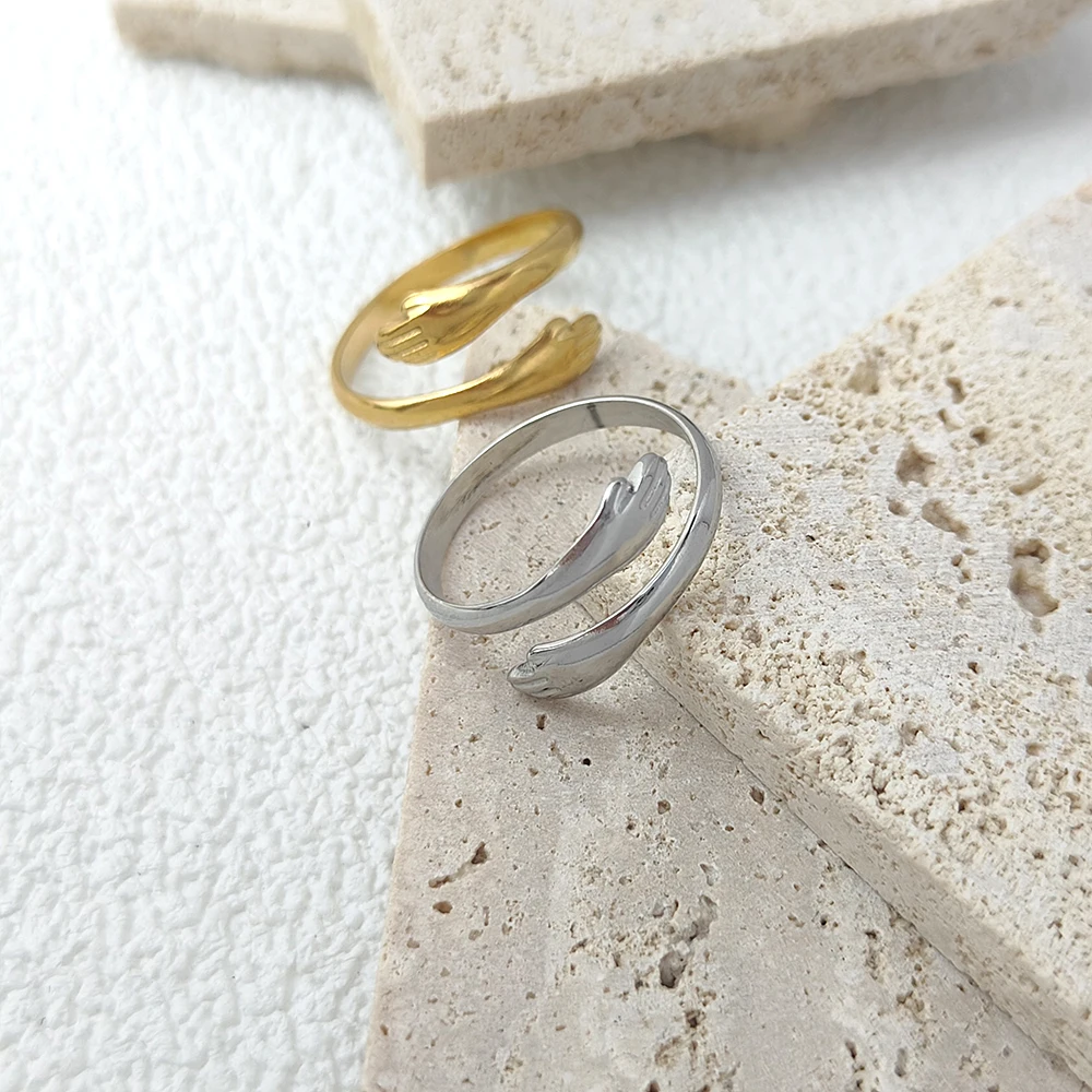 

Creative Hug Hand Stainless Steel Ring for Women Men Adjustable Finger Ring Personality Punk Hip Pop Titanium Jewelry Open Ring