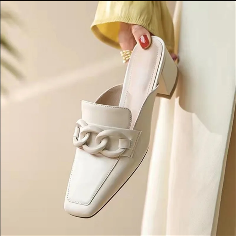 

Woman Slippers Closed-Toe Slippers 2022 New Metal Buckle Pumps Chunky Heel Square Toe Peas Shoes Zapatillas De Mujer