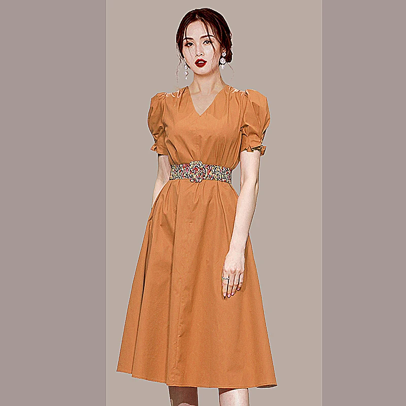 

Женское платье с пышными рукавами, повседневное ТРАПЕЦИЕВИДНОЕ ПЛАТЬЕ С V-образным вырезом и поясом в Корейском стиле, лето 2022