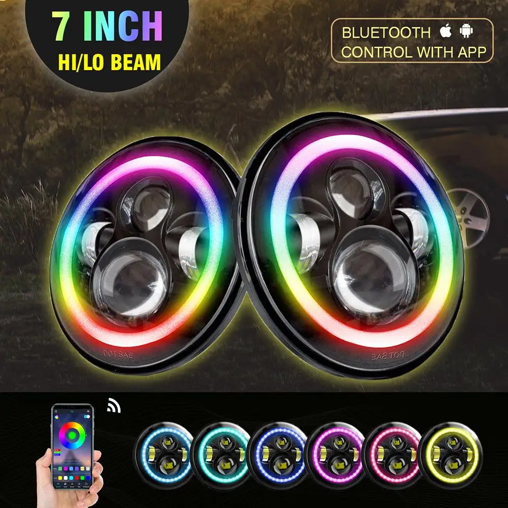 

2 Pcs 7-inch Car Led Headlights Compatible For Wrangler 6000k RGB Bluetooth-compatible App Headlamp Modified Parts