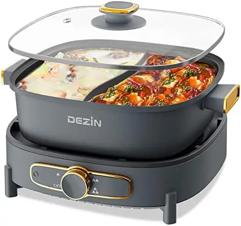 

with Divider, 5L Double-Flavor Shabu Shabu , Dual Sided Removable Non-Stick Cooker Depth Divided with Multi-Power Control, 2 S