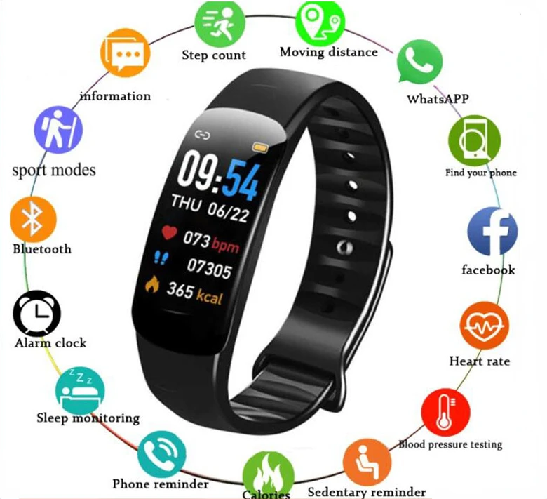 

For Xiaomi Huawei Apple C1plus Sports Watch Heart Rate Monitoring Blood Pressure Bracelet Smart Watch Compatible Fitness Tracker