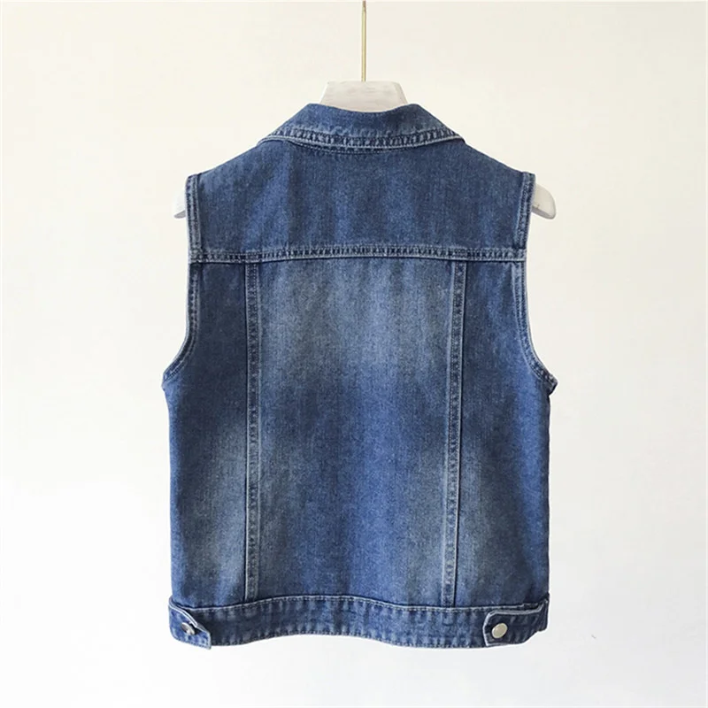 

Blue Dark Holes Big Pocket Denim Women Slim Short Waistcoat Beading Cowboy Sleeveless Jacket Coat Vintage Jeans Vest Female