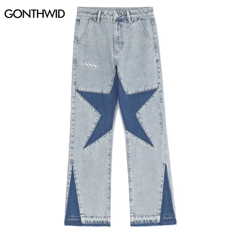 

Men Jeans Pants Y2K Hip Hop Retro Star Patchwork Straight Baggy Denim Pants Streetwear 2023 Hip Hop Fashion Casual Trousers Blue