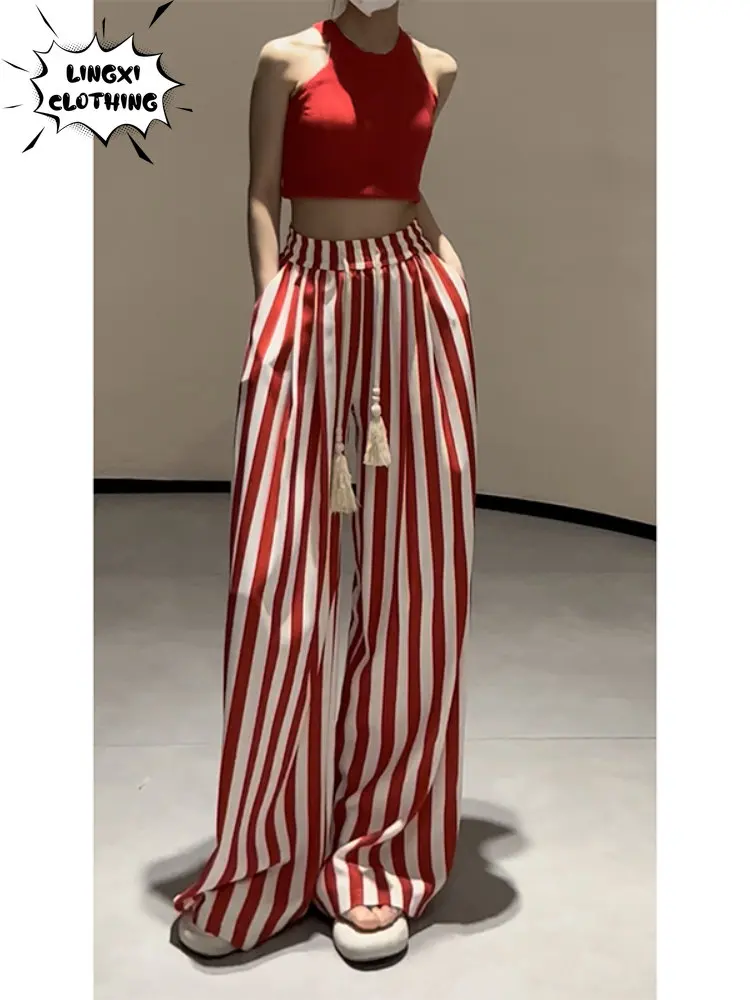 High Elastic Panty Summer New Leisure Sports Striped Loose Large Size High Waist Straight Pants Harem Pants Women Sweatpants