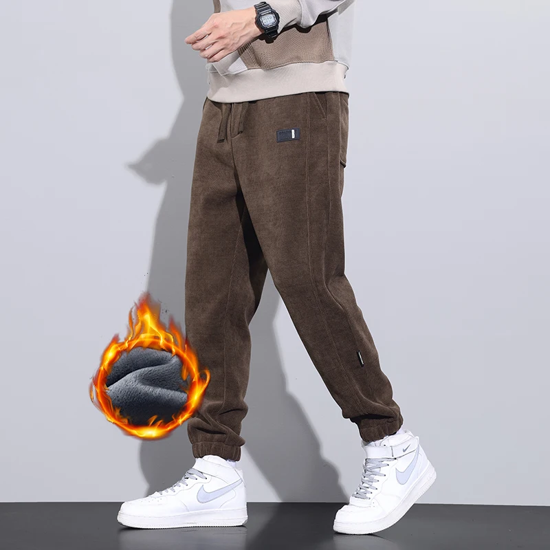 Утолщенные мужские повседневные брюки флисовые зимние новые однотонные