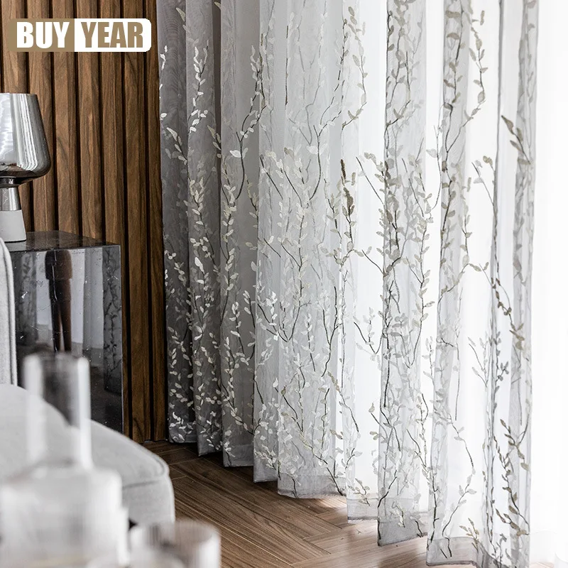 Оконные шторы с вышивкой в виде листьев для спальни пасторальные тюлевые