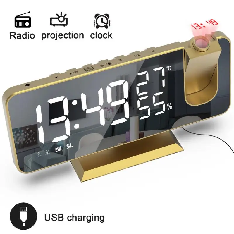 

LED Digital Alarm Clock Watch Table Electronic Desktop Clocks USB Wake Up FM Radio Projector Bedroom Snooze Function Alarm
