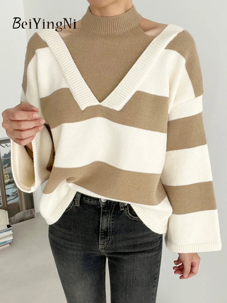 

Beiyingni Chic Sexy Women Sweater Halter Off Shoulder Loose Autumn Winter Sweaters Casual Oversized Jumper Striped Tops Pullover