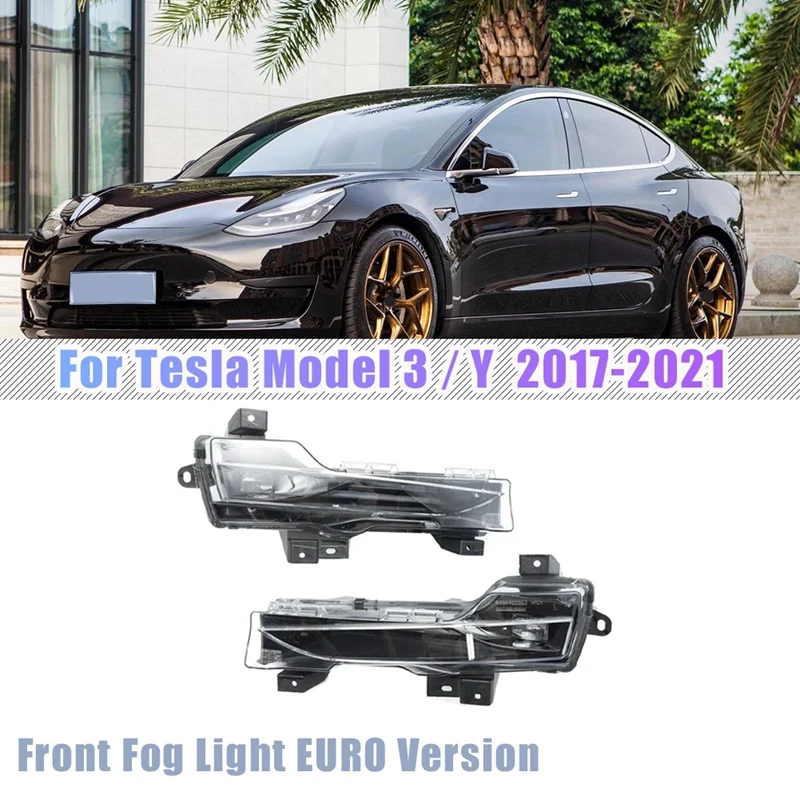 

New LH & RH for 2017-2021 Tesla Model 3 / Y Car Front Fog Light Fascia Lamp LED Drl 1 Pair Set No Amber EURO Version