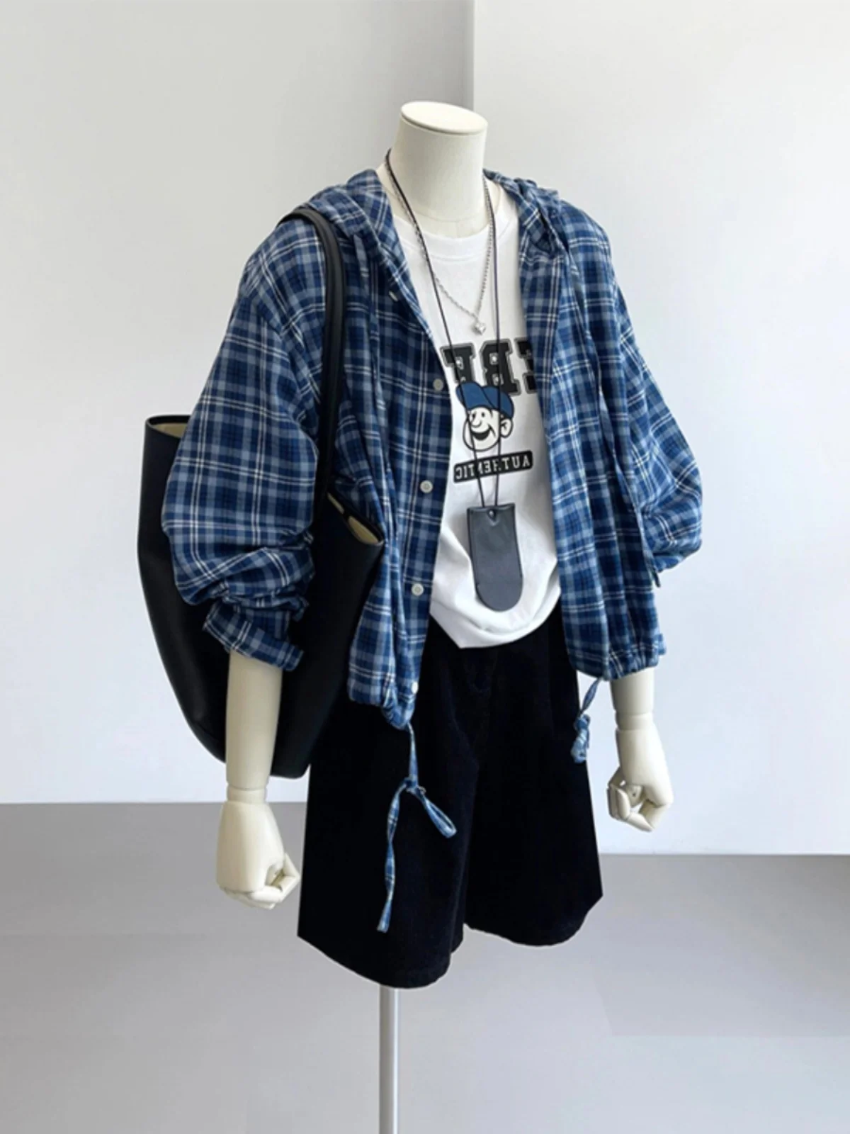 KK · Studio Selected Recommend ~ Blue Plaid Shirts Hoodie Women Early Autumn Drawstring Waist Hugging Top