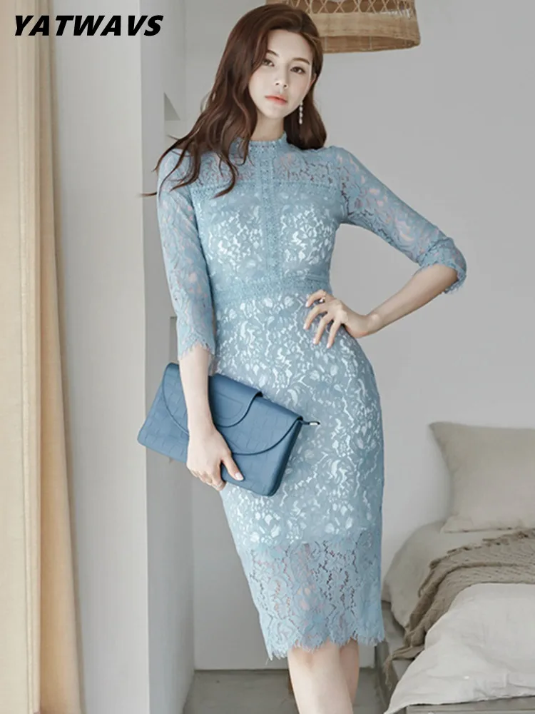 

YATWAVS Korean Women Slim Hollow Out Lace Dress New Summer Fashion Simple Office Solid Color Bodycon Pencil Lady Party Dresses