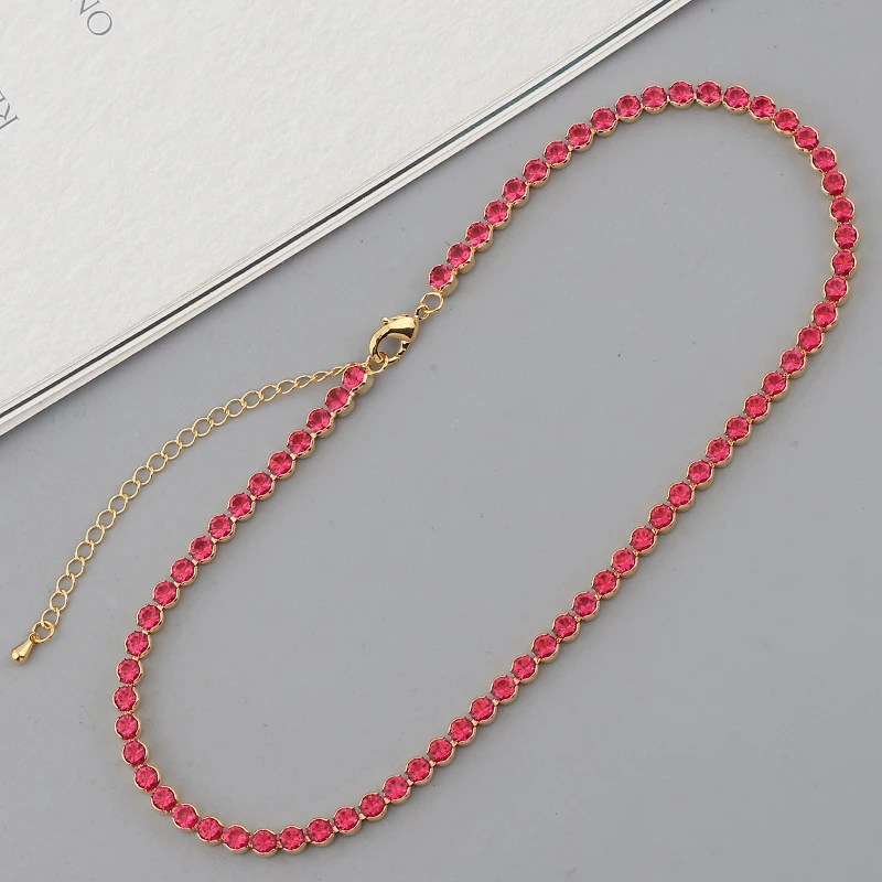 

3.5mm/4.5mm Round Red Zircon Necklace Stretch Bracelet Tennis CZ Necklace for Women's Party Birthday Set Minimalism Jewelry
