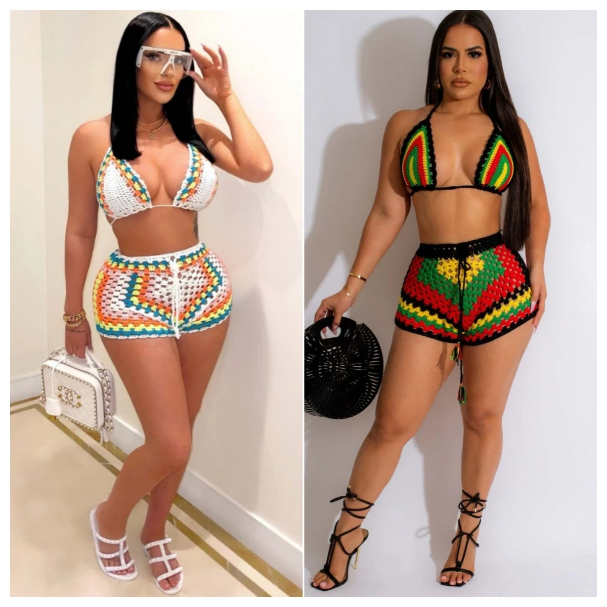 

Color Patchwork Hand Crochet Knitted Two Piece Shorts Sets Women Sexy Lace Up Halter Bra Tops Shorts Sexy Beach Suits Clubwear