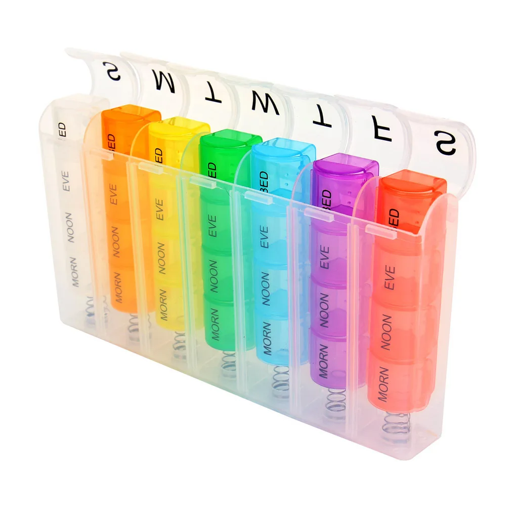 

28 Grid Spring Pill Box 7 Day Weekly Pillbox Plastic Storage Container Medicine Box Storage Of Tablets Colorful Pill Dispenser