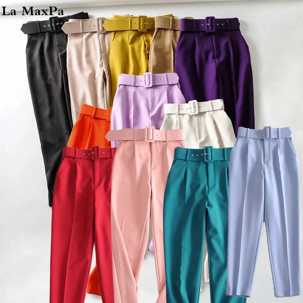 

Women Fashion Office Lady Straight Pants Vintage Solid High Waist Belt Zipper Fly Ankle Female Trousers XS-L