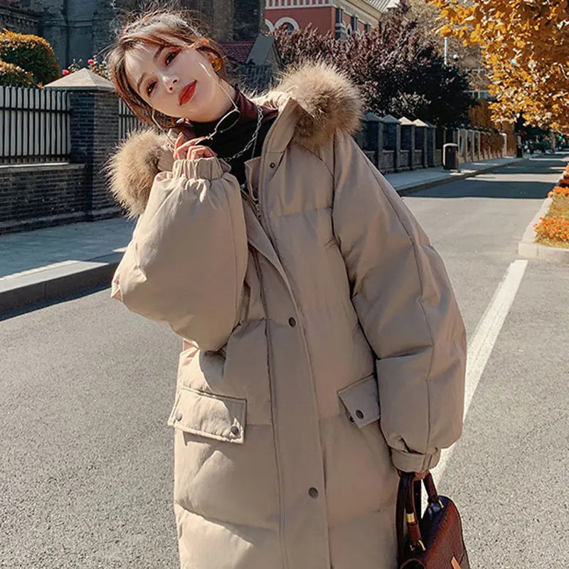 2022 Women Winter Hooded Down Padded Jacket Mid-length Korean White Loose Bread Jacket Thick Padded Jacket Tide Parker Overcoat