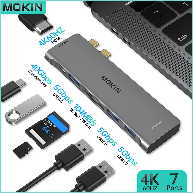 

MOKiN 7-in-2 Docking Station - Thunderbolt, USB3.0, HDMI 4K60Hz, SD, TF - Perfect for MacBook Air/Pro, iPad, Thunderbolt Laptops