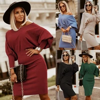 2022 autumn and winter slim fit and slim temperament dress large size knitted dolman sleeve skirt