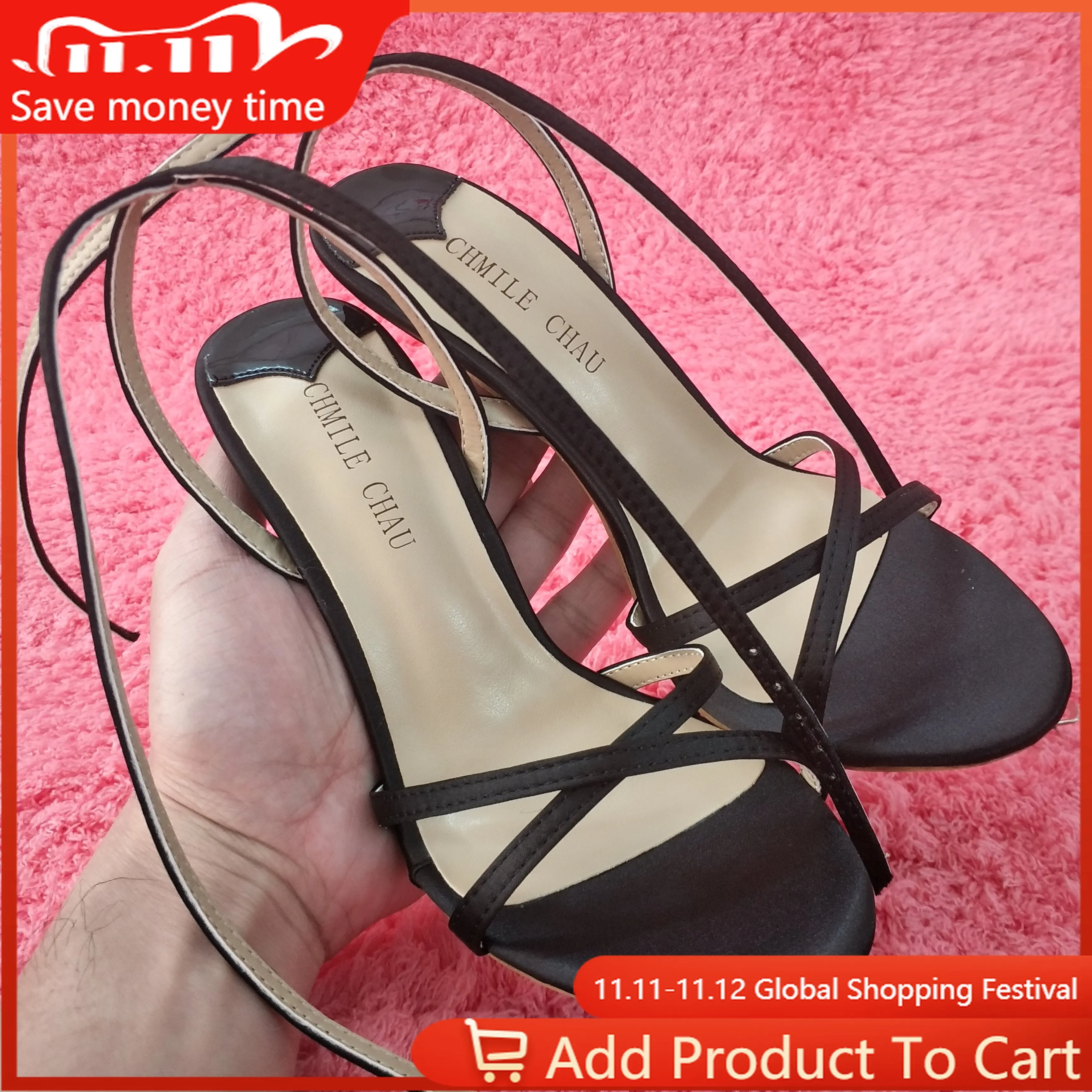 

Women Stiletto Thin High Heel Sandal Sexy Ankle Strap Open Toe Black Satin Wedding Party Bridals Ball Lady Shoe 158-a