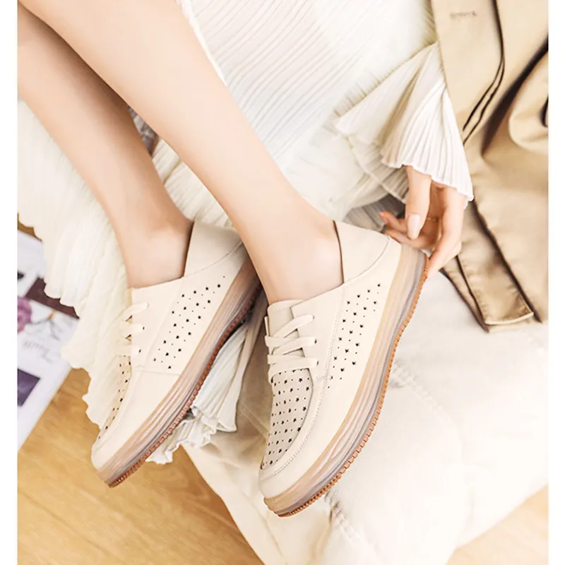 Sneakers Women's First Layer Cowhide Small Leather Shoes 2023 Openwork Summer New Single Shoes Two Soft Side Small White Shoes