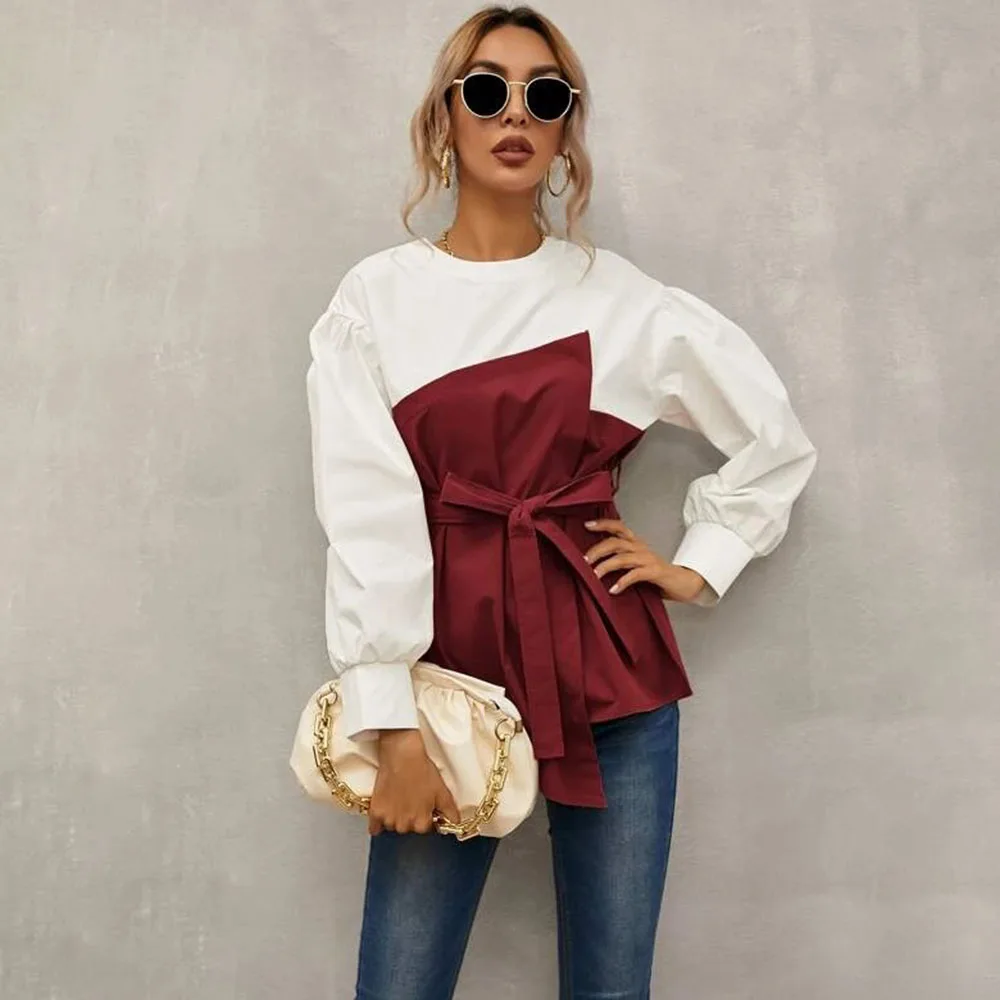 2021 New Arrival Women's Shirts Vintage Elegant O-neck Tops Solid Patchwork Lantern Long Sleeve Sashes Formal Blouses Blusas