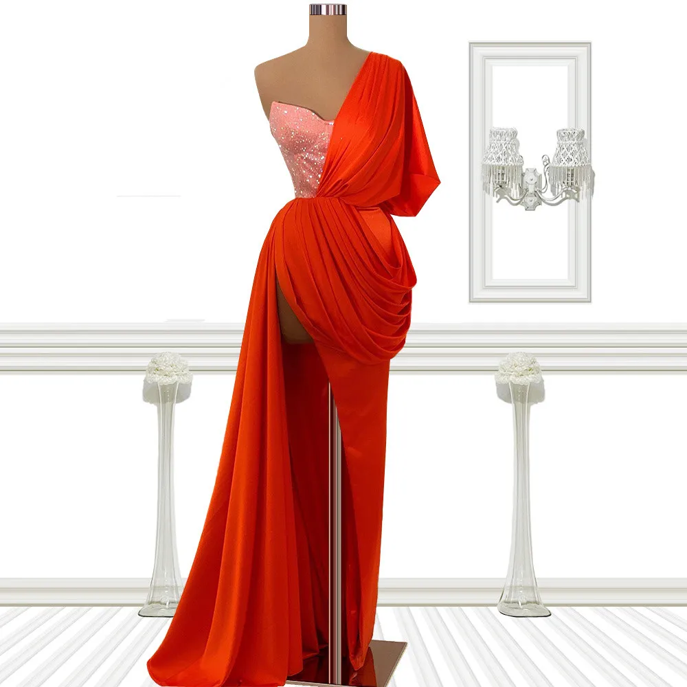 

Red Prom Dresses Sheath One-shoulder Sequins Slit Dubai Saudi Arabia Prom Gown Evening Dresses Robe De Soiree Haute Couture