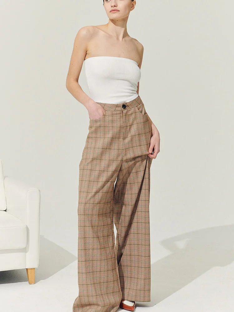 

Women'S Plaid Wide-Leg Pants Cotton And Linen Trousers Slim-fitting High-Waisted Pants Xs-Xl