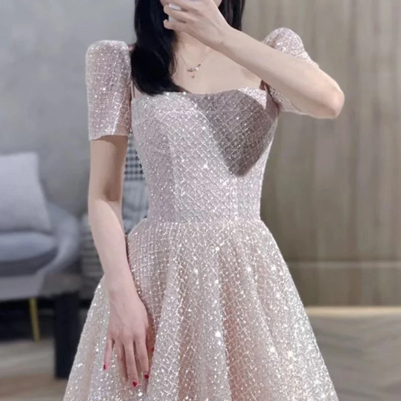 

Fairy Temperament Square Collar Short Sleeve Wedding Party Dress Luxury Shinny Slim A-line Princess Gown Argyle Design Vestidos