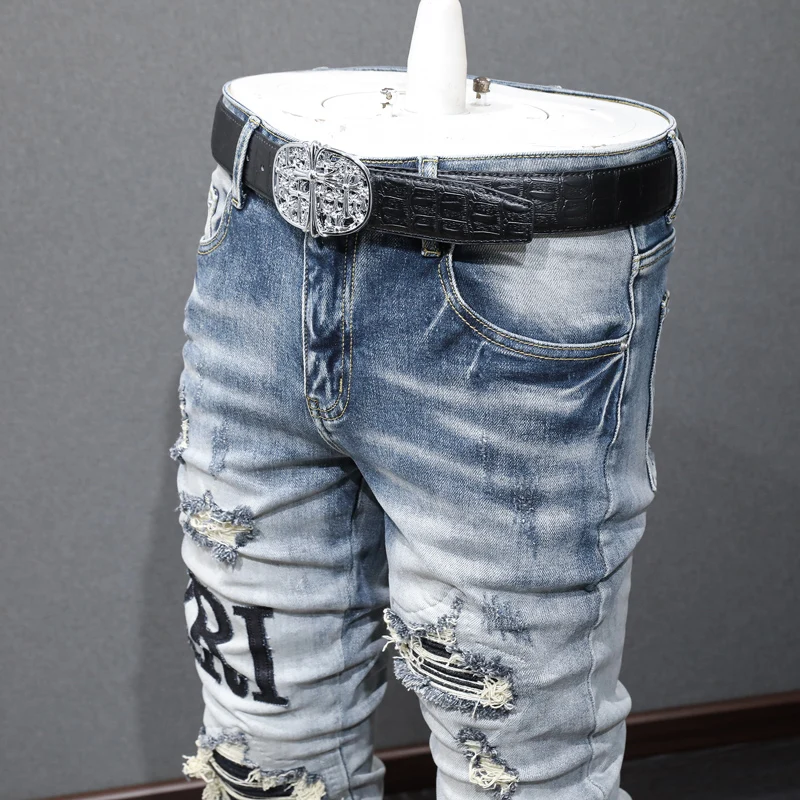 High Street Fashion Men Jeans Retro Blue Elastic Stretch Skinny Fit Ripped Jeans Men Patches Designer Hip Hop Brand Pants Hombre