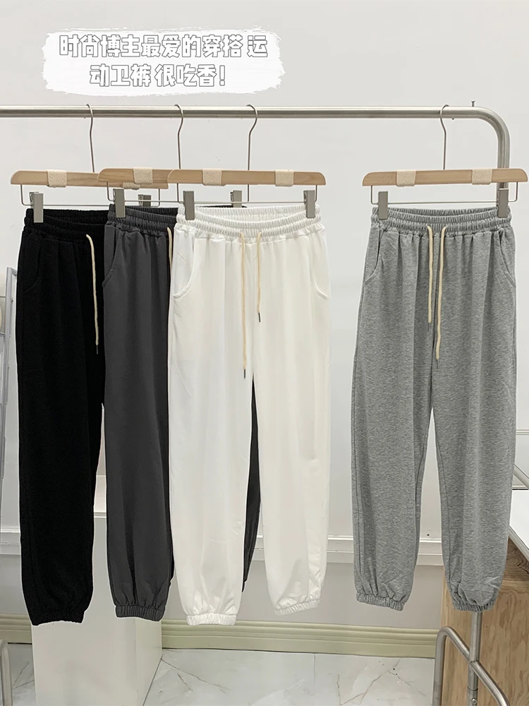 

2022 Women Basic Baggy Drawstring Sweatpants Elastic Waist Long Trousers Wide Leg Pants Solid Color Cozy Daily Streetwear Tide