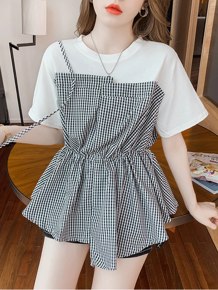 

Patchwork Fake Two Piece Top Plaid Tshirts For Women 2022 Cotton O Neck Short Sleeve Tshirt Summer Korean Fashion Woman Clothes