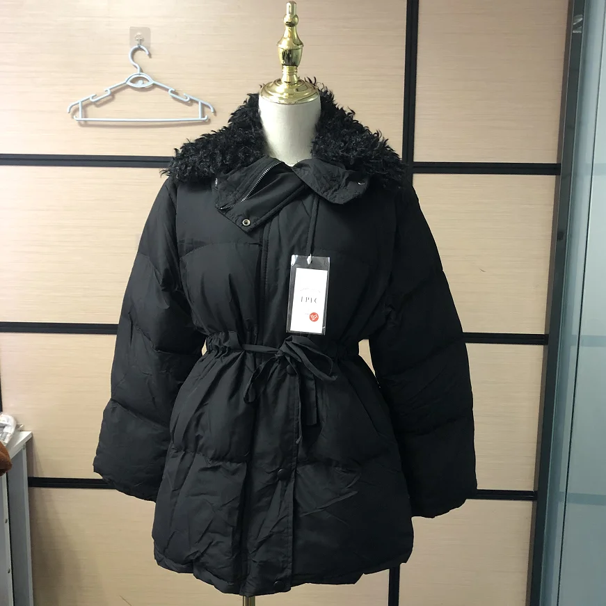 Winter New Lam Fur Collar 2021 Thick Small Western Chic Fashion Jacket Women's White Duck Down Ajustable Waist Coat Female
