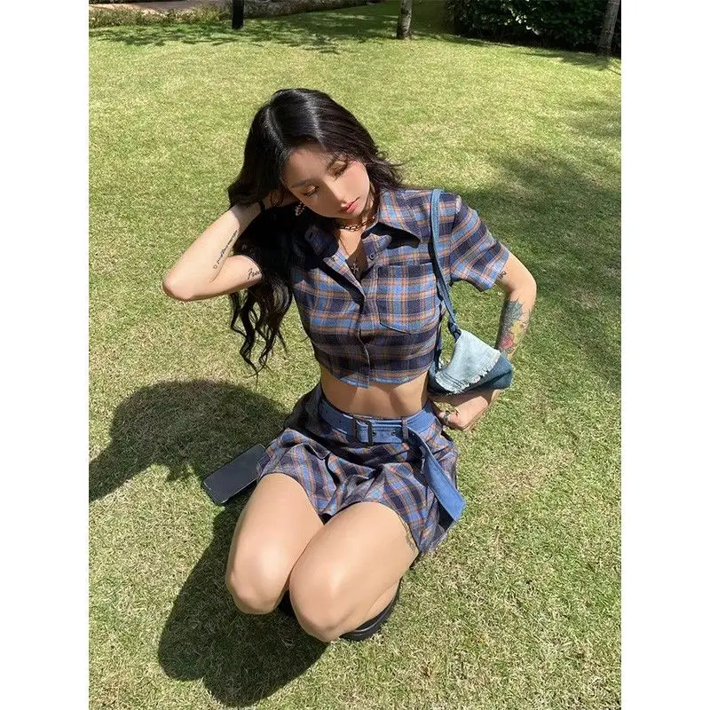 

COCOA Sweet Hot Girl Plaid College Style Two-piece Short Skirt Suit Female Lapel Crop Top + Pleated Skirt Matching Y2k Outfit