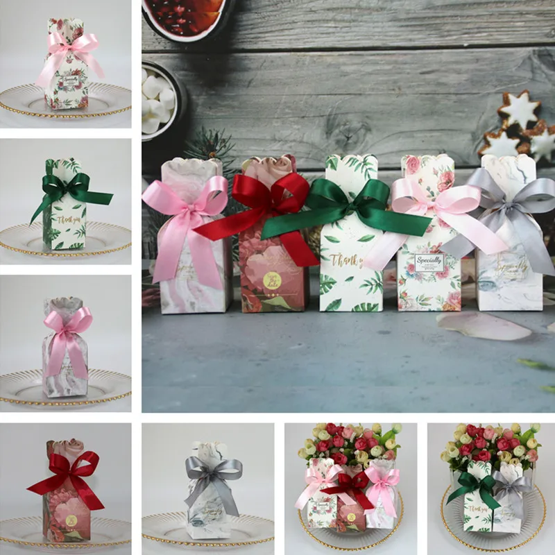 

20Pcs Candy Boxes Paper Wedding Favors and Gifts Dragees Box Flower Ribbon Romantic Packaging Bonbonniere Box Party Gift Bag