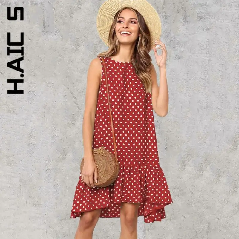 

H.Aic S New Women Polka Dot Chiffon Sleeveless Sweet Dress Girl Elastic Ladies Dress Club Basic Dresses Woman Vestidos Female