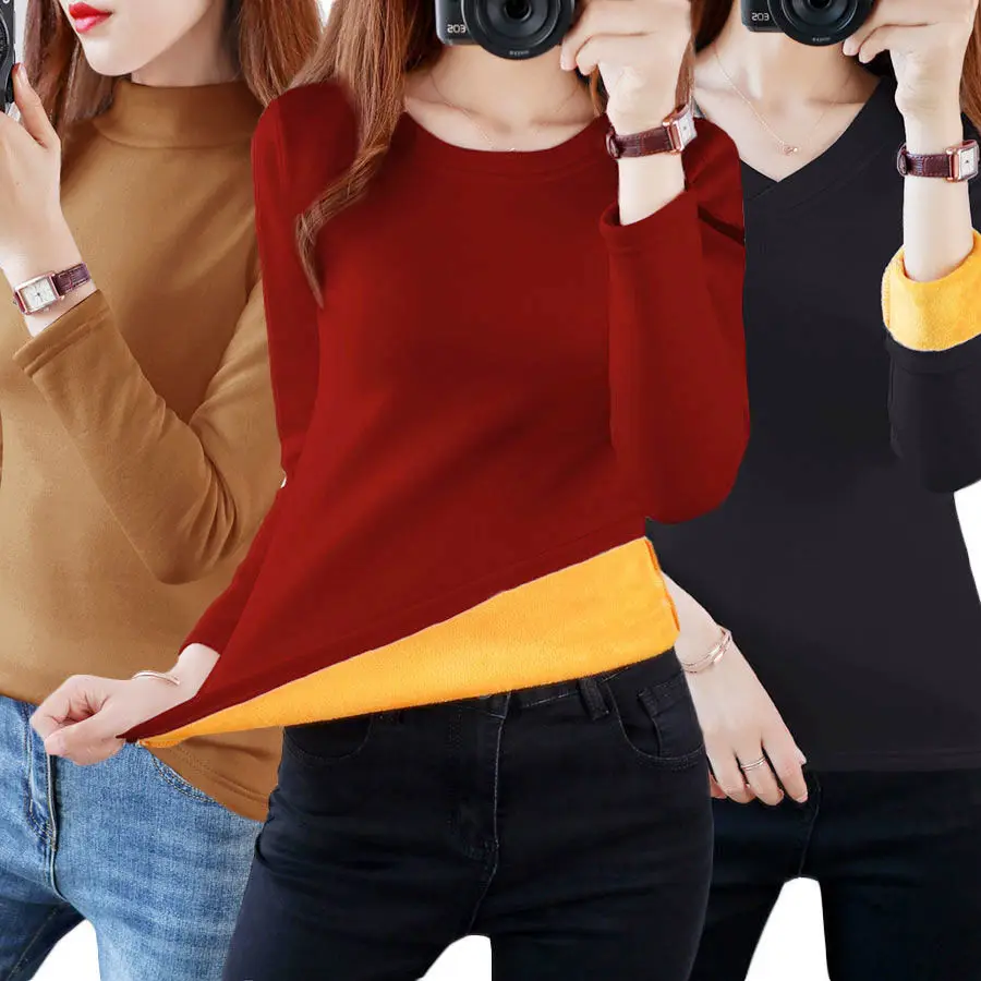 Winter Thermal Underwear Ladies Plus Velvet Thickening V-neck Tight-fitting Heating One-piece Top Bottoming Shirt