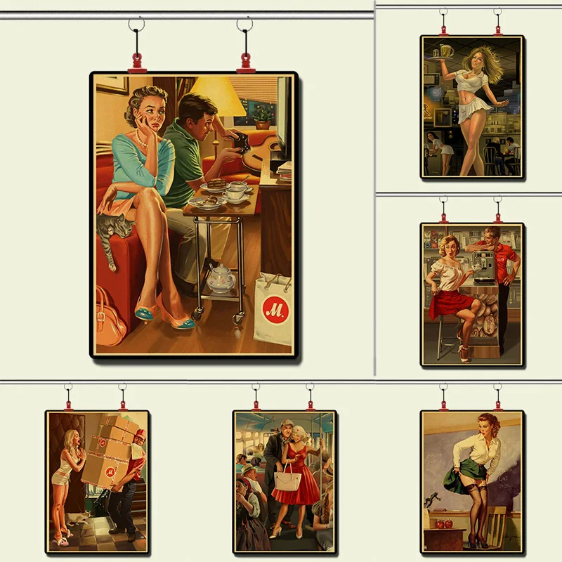 

Soviet Retro Nostalgic Beautiful Sexy Woman Vintage Posters Kraft Paper Art Wall Sticker Posters Home Room Bar Cafe Decoration