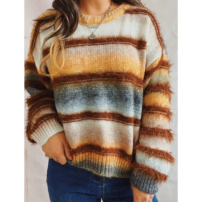 Винтажные вязаные пуловеры с длинными рукавами повседневные зеленые полосатые